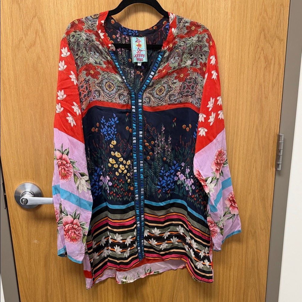 Johnny Was Multicolor Floral Patchwork Tunic - Navy, Red & Pink